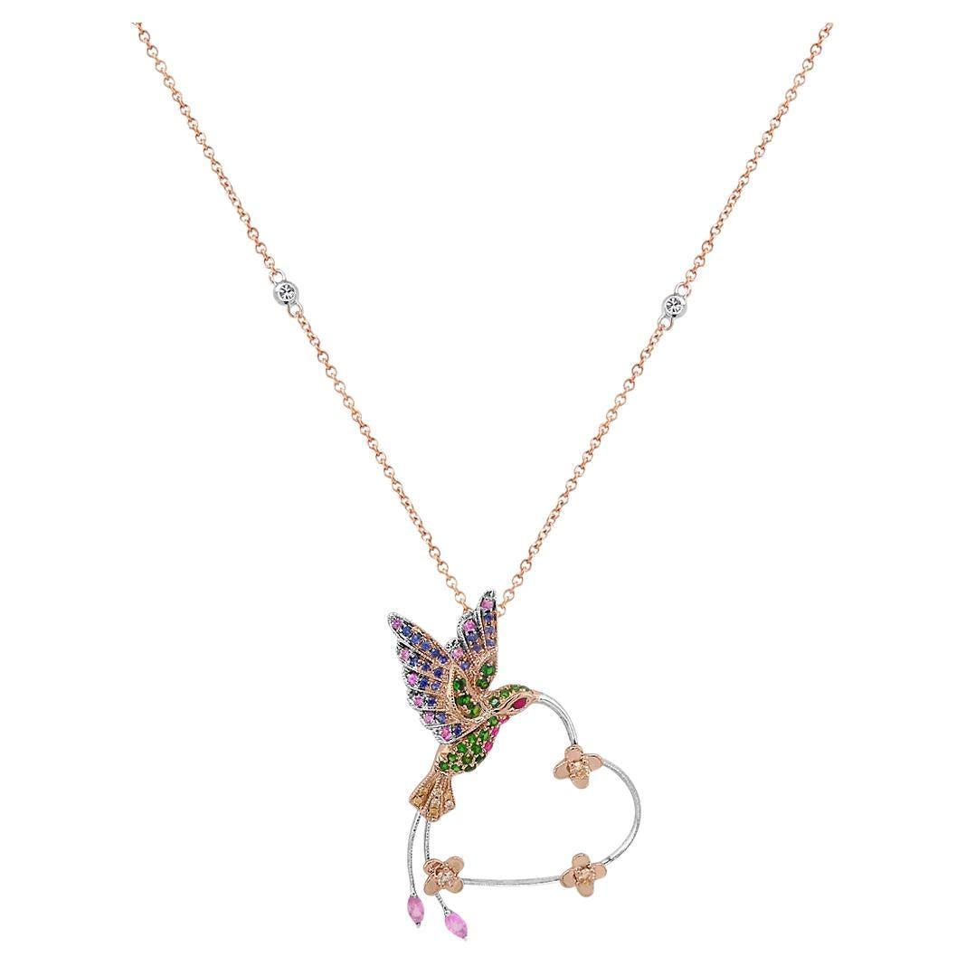 Multicolor Sapphire Gemstone & Diamond Hummingbird Rose Gold Pendant Necklace
