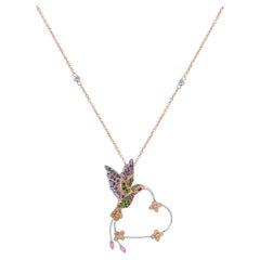 Multicolor Sapphire Gemstone & Diamond Hummingbird Rose Gold Pendant Necklace