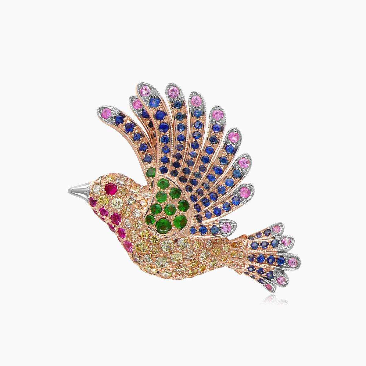 Mixed Cut Multicolor Sapphire & Gemstone Diamond Pave Dove Bird 18K Rose Gold Pendant For Sale