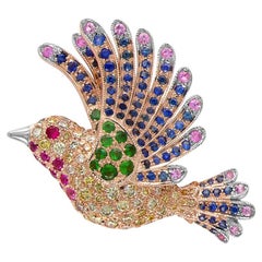 Multicolor Sapphire & Gemstone Diamond Pave Dove Bird 18K Rose Gold Pendant