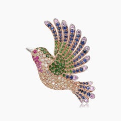 Multicolor Sapphire & Gemstone Diamond Pave Dove Bird 18K Rose Gold Pin Brooch