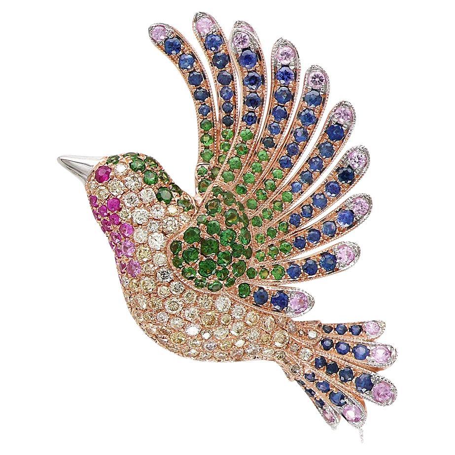 Multicolor Sapphire & Gemstone Diamond Pave Dove Bird 18K Rose Gold Pin Brooch