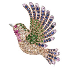 Multicolor Sapphire & Gemstone Diamond Pave Dove Bird 18K Rose Gold Pin Brooch