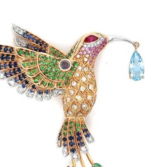 Multicolor Sapphire & Gemstone Diamond Pave Hummingbird Rose Gold Pin Brooch