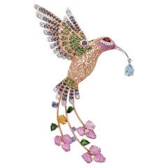 Multicolor Sapphire & Gemstone Diamond Pave Hummingbird Rose Gold Pin Brooch