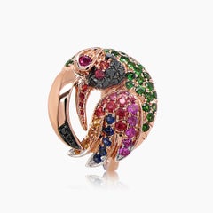 Multicolor Sapphire & Gemstone Diamond Toucan Parrot Bird 18K Rose Gold Ring