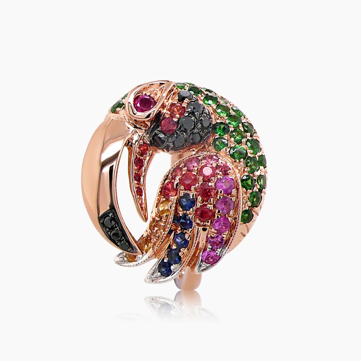 Mixed Cut Multicolor Sapphire & Gemstone Diamond Toucan Parrot Bird 18K Rose Gold Ring For Sale