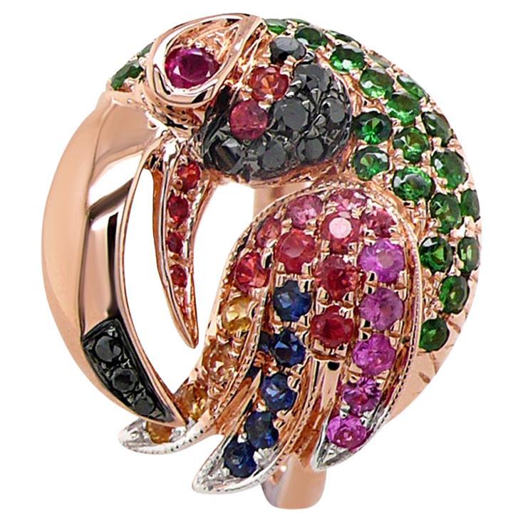 Multicolor Sapphire & Gemstone Diamond Toucan Parrot Bird 18K Rose Gold Ring For Sale