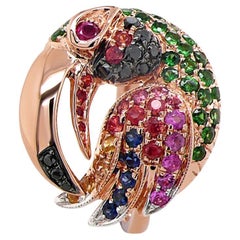 Multicolor Sapphire & Gemstone Diamond Toucan Parrot Bird 18K Rose Gold Ring