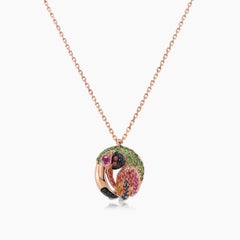 Multicolor Sapphire Gemstone & Diamond Toucan Parrot Bird Gold Pendant Necklace