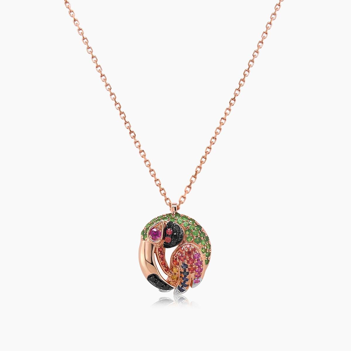 Multicolor Sapphire Gemstone & Diamond Toucan Parrot Bird Gold Pendant Necklace In New Condition For Sale In Oakton, VA
