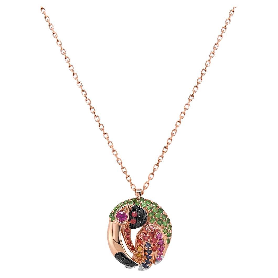 Multicolor Sapphire Gemstone & Diamond Toucan Parrot Bird Gold Pendant Necklace For Sale