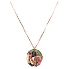 Multicolor Sapphire Gemstone & Diamond Toucan Parrot Bird Gold Pendant Necklace