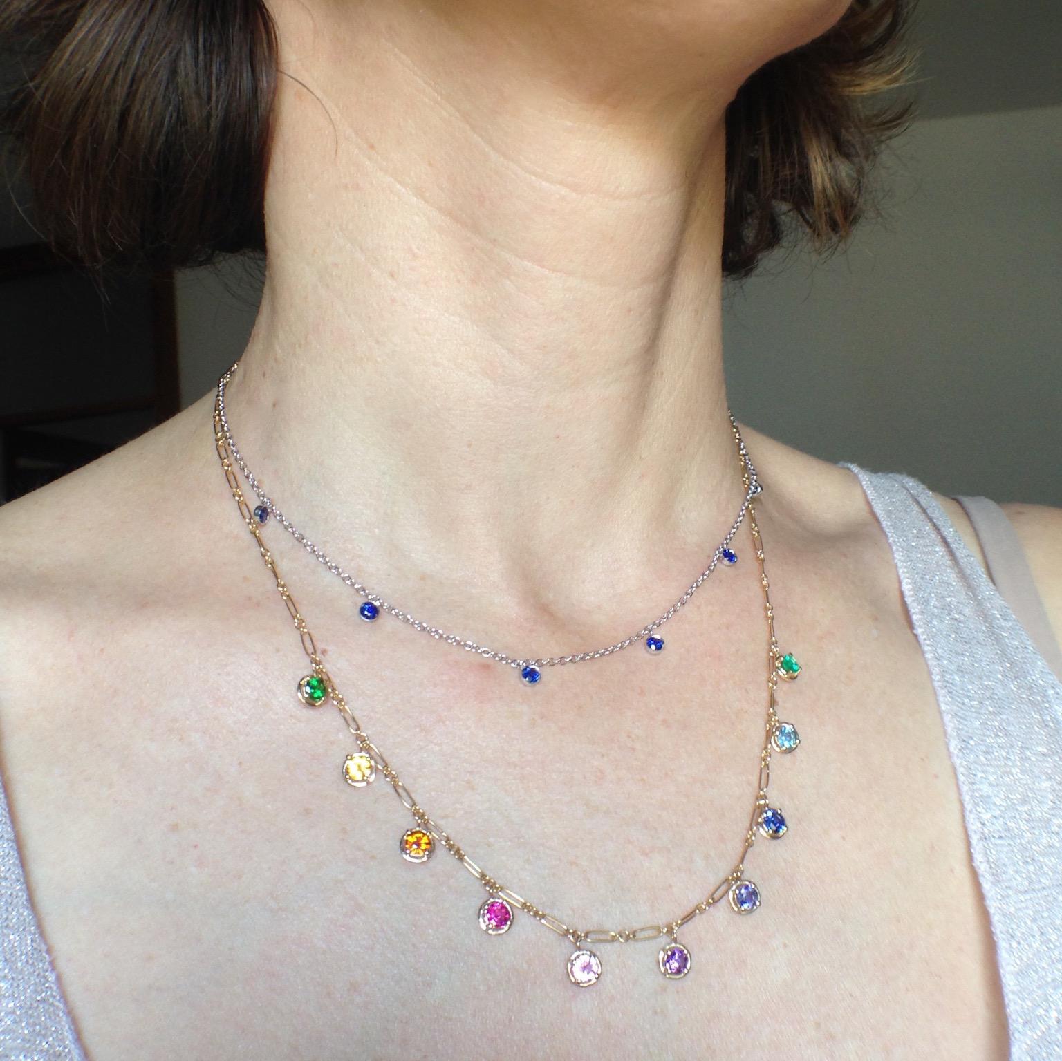 Multicolor Sapphire Gemstone Handmade Necklace 18K Gold 15