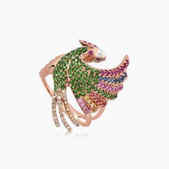 Multicolor Sapphire & Green Diamond Toucan Parrot Bird Gold Pendant Necklace