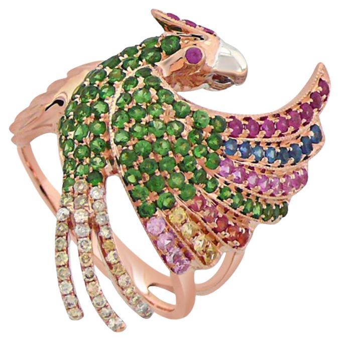 Collar Colgante Oro Zafiro Multicolor y Diamante Verde Pájaro Loro Tucán