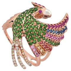 Multicolor Sapphire & Green Diamond Toucan Parrot Bird Gold Pendant Necklace