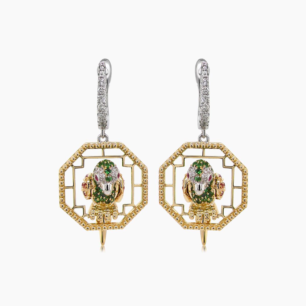 Dimensions: 3.60x1.70x1.30cm
44 White Diamonds 0.26 CT
116 Green Garnet 1.02 CT
24 Orange Sapphire 0.13 CT
6 Pink Sapphire 0.04 CT
4 Ruby 0.04 CT
26 Yellow Sapphire 0.17 CT
18KT 10.49 GM

18K Gold & Precious Diamond & Gemstone Animal & Fantasy