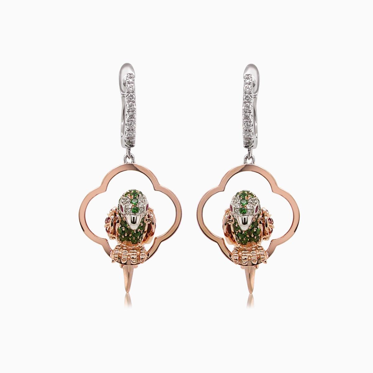 Mixed Cut Multicolor Sapphire & Green Garnet Diamond Parrot Bird 18K Two Tone Earrings For Sale