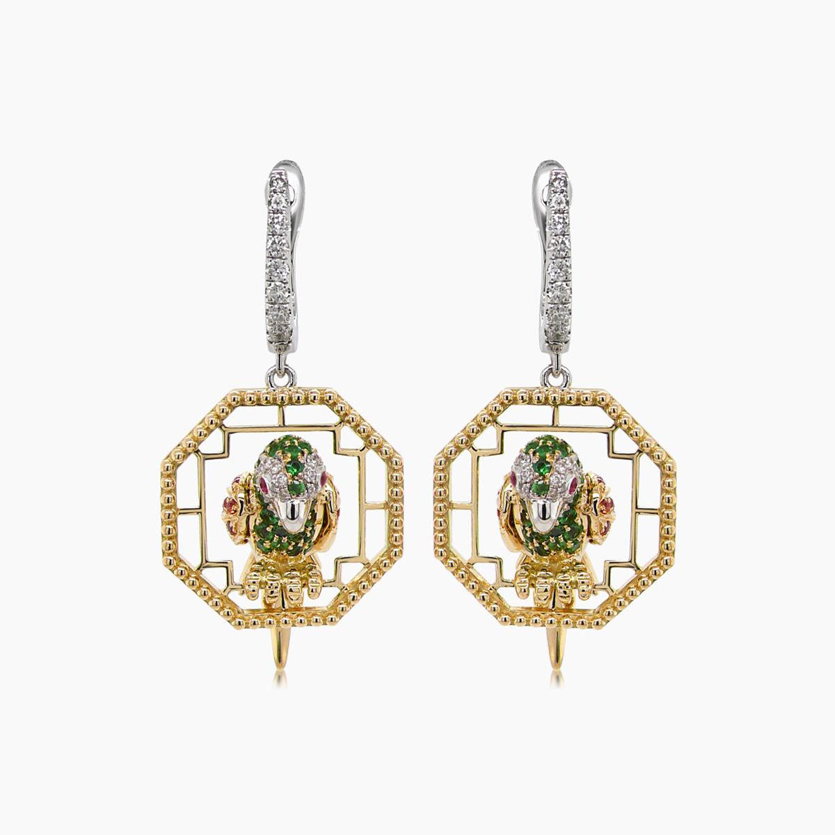 Mixed Cut Multicolor Sapphire & Green Garnet Diamond Parrot Bird 18K Two Tone Earrings For Sale