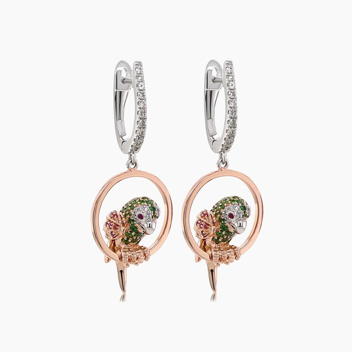 Multicolor Sapphire & Green Garnet Diamond Parrot Bird 18K Two Tone Earrings In New Condition For Sale In Oakton, VA