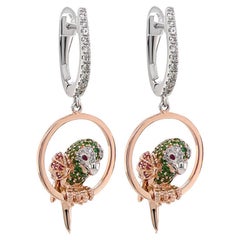 Multicolor Sapphire & Green Garnet Diamond Parrot Bird 18K Two Tone Earrings