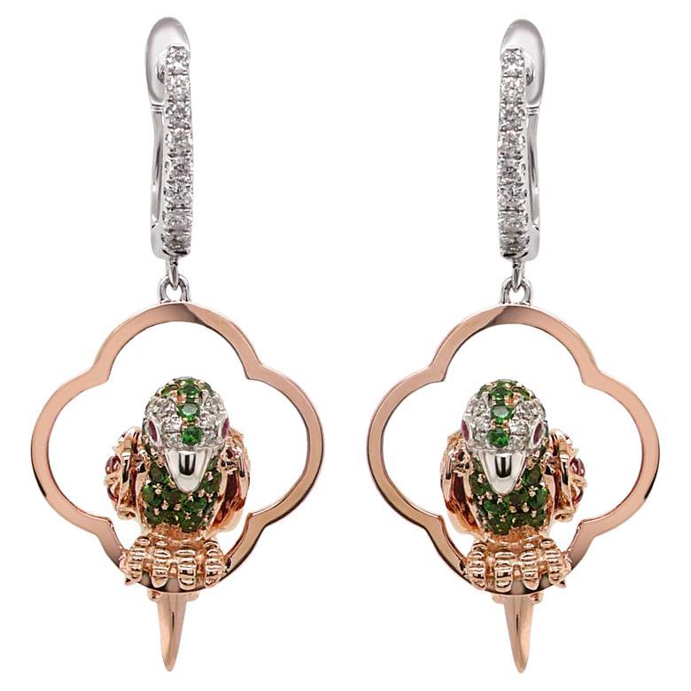 Multicolor Sapphire & Green Garnet Diamond Parrot Bird 18K Two Tone Earrings
