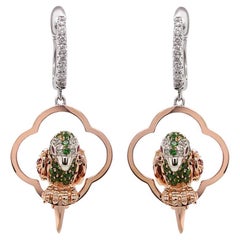 Multicolor Sapphire & Green Garnet Diamond Parrot Bird 18K Two Tone Earrings