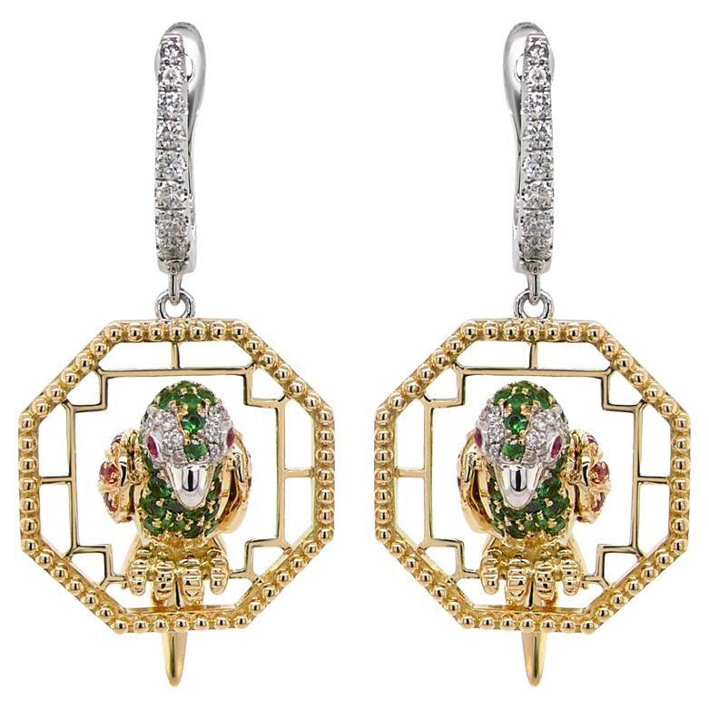 Multicolor Sapphire & Green Garnet Diamond Parrot Bird 18K Two Tone Earrings For Sale