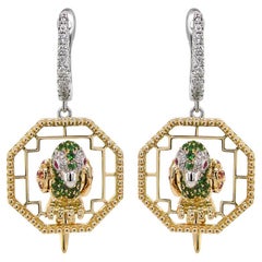 Multicolor Sapphire & Green Garnet Diamond Parrot Bird 18K Two Tone Earrings