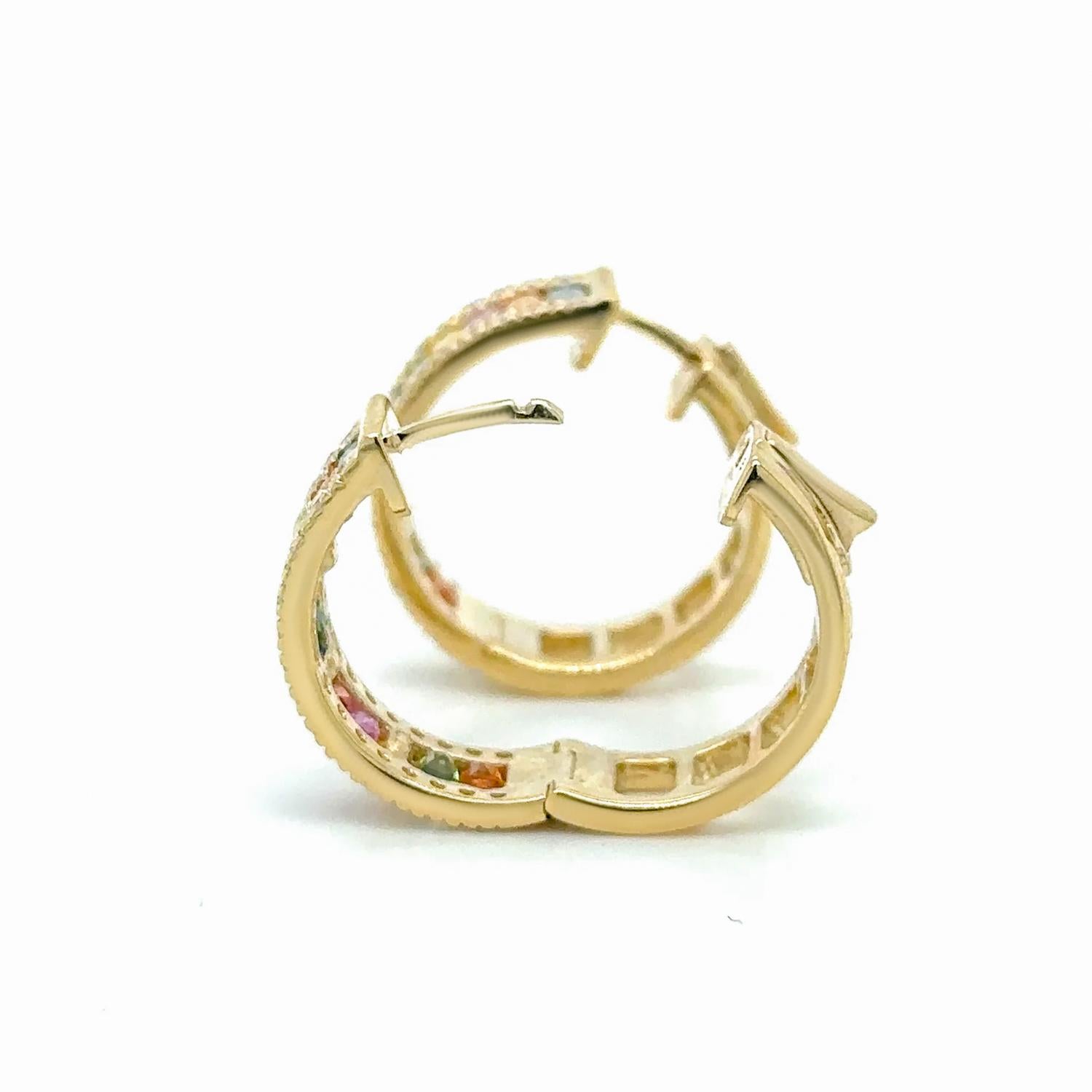 Mixed Cut Multicolor Sapphire Hoop Earrings With Diamonds 3.56 Carats 14K Yellow Gold For Sale