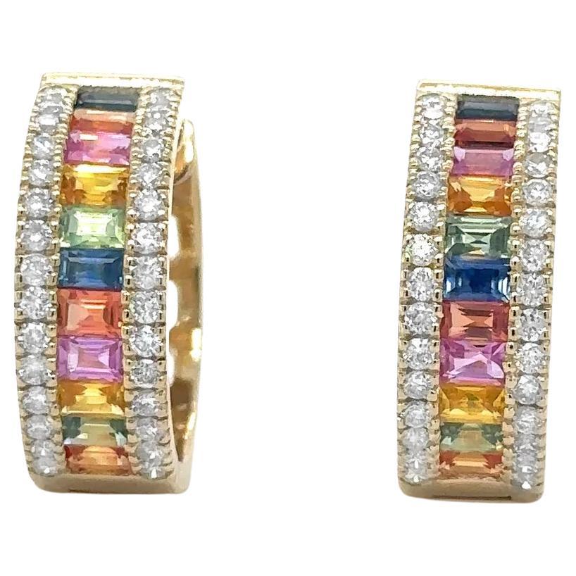 Multicolor Sapphire Hoop Earrings With Diamonds 3.56 Carats 14K Yellow Gold For Sale