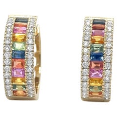 Multicolor Sapphire Hoop Earrings With Diamonds 3.56 Carats 14K Yellow Gold