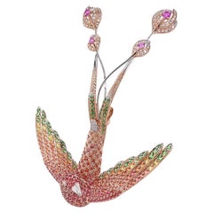 Multicolor Sapphire & Orange Diamond Pave Longtail Bird Rose Gold Pin Brooch