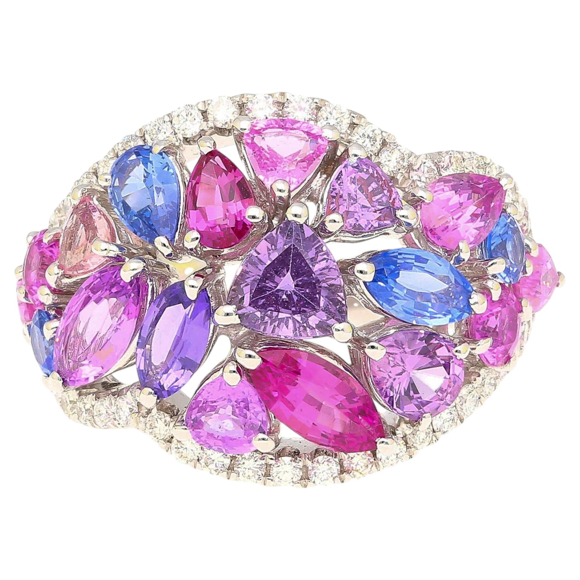 Multicolor Sapphire Pear Marquise Mix & Diamond Cluster 18K White Gold Dome Ring For Sale