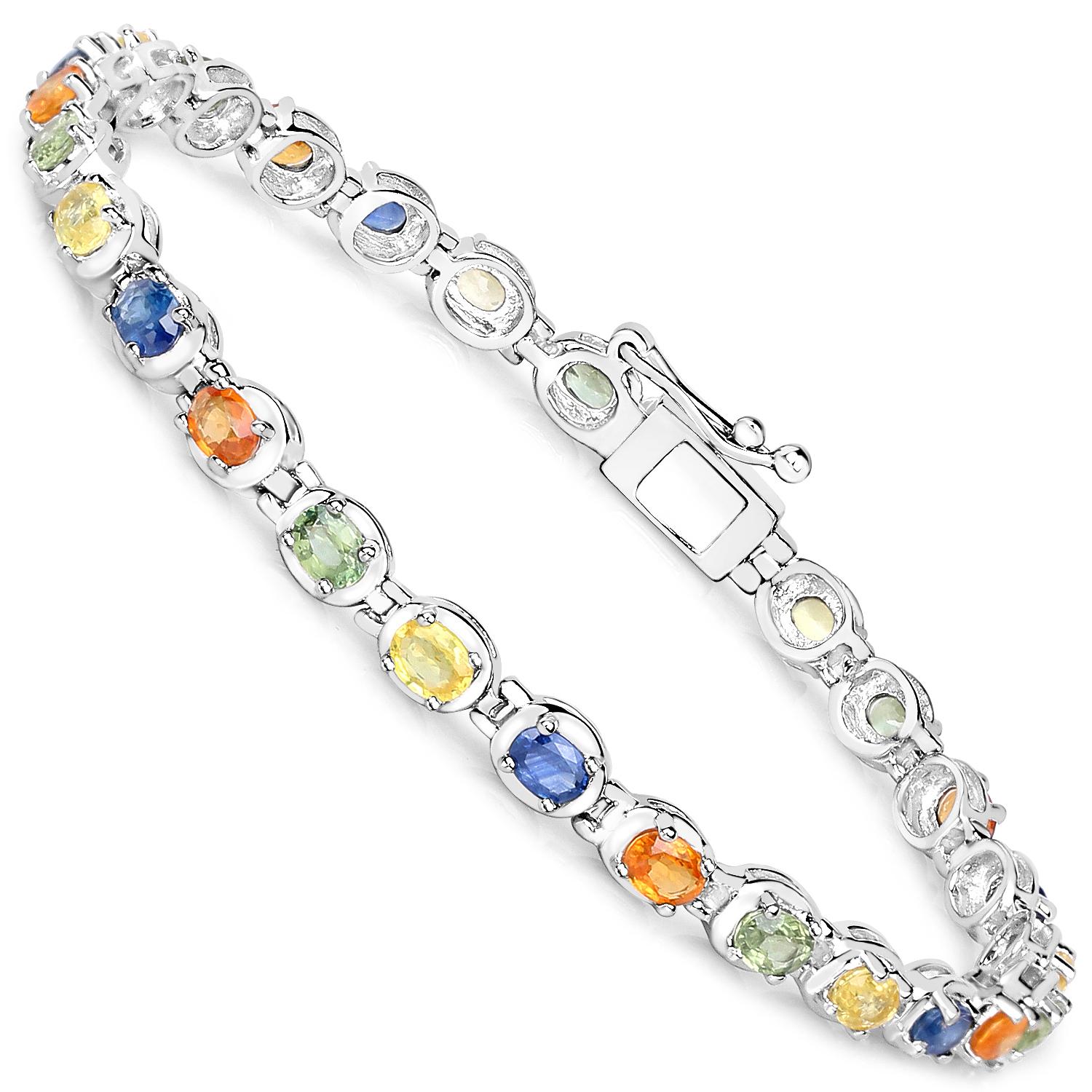 Contemporary Multicolor Sapphire Tennis Bracelet 5.40 Carats Rhodium Plated Sterling Silver For Sale