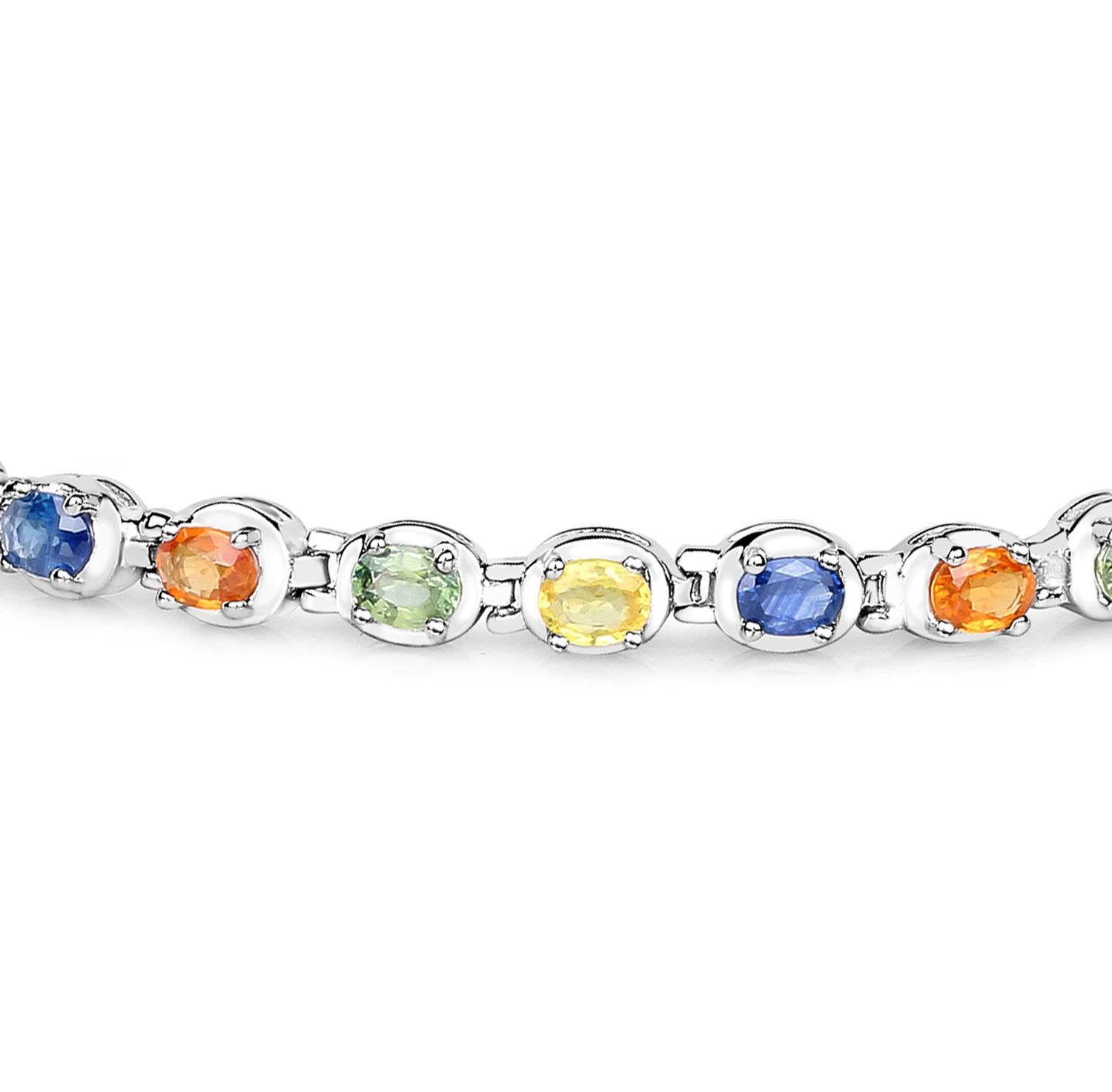 Oval Cut Multicolor Sapphire Tennis Bracelet 5.40 Carats Rhodium Plated Sterling Silver For Sale
