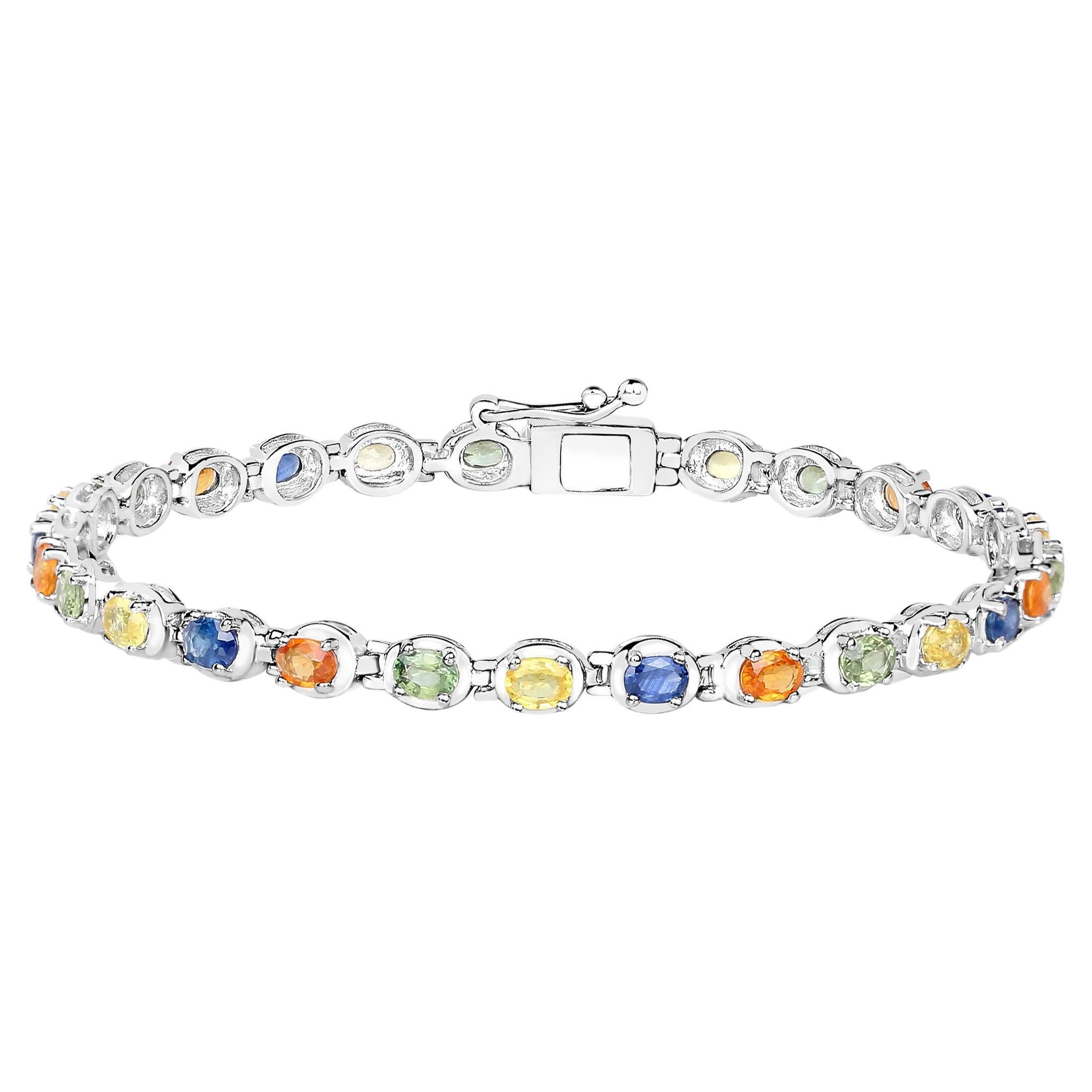 Multicolor Sapphire Tennis Bracelet 5.40 Carats Rhodium Plated Sterling Silver For Sale