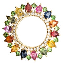 MultiColor Sapphire, Tsavorite & Diamond Circle Pendant in Yellow Gold