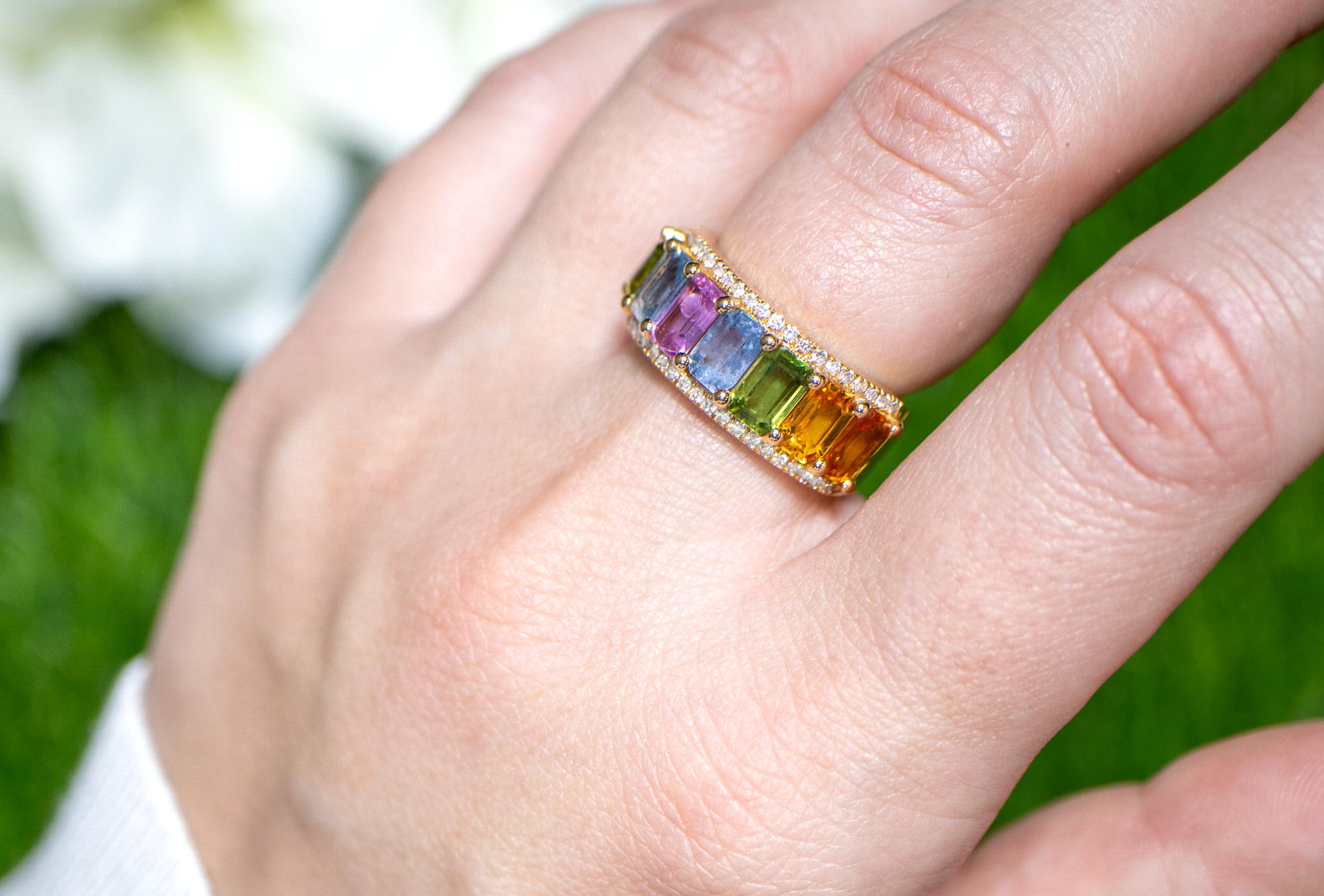 Octagon Cut Multicolor Sapphires Band Ring With Diamonds 6.52 Carats 18K Gold For Sale