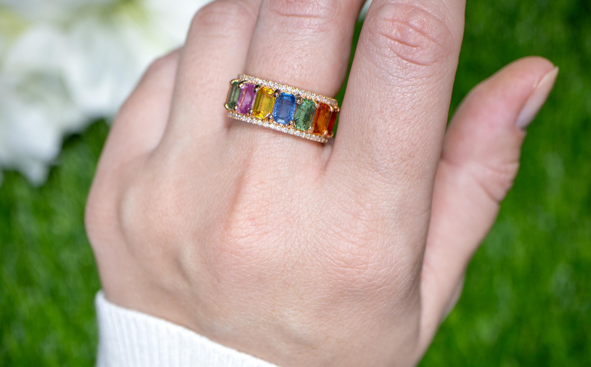 Octagon Cut Multicolor Sapphires Band Ring With Diamonds 6.52 Carats 18K Gold For Sale