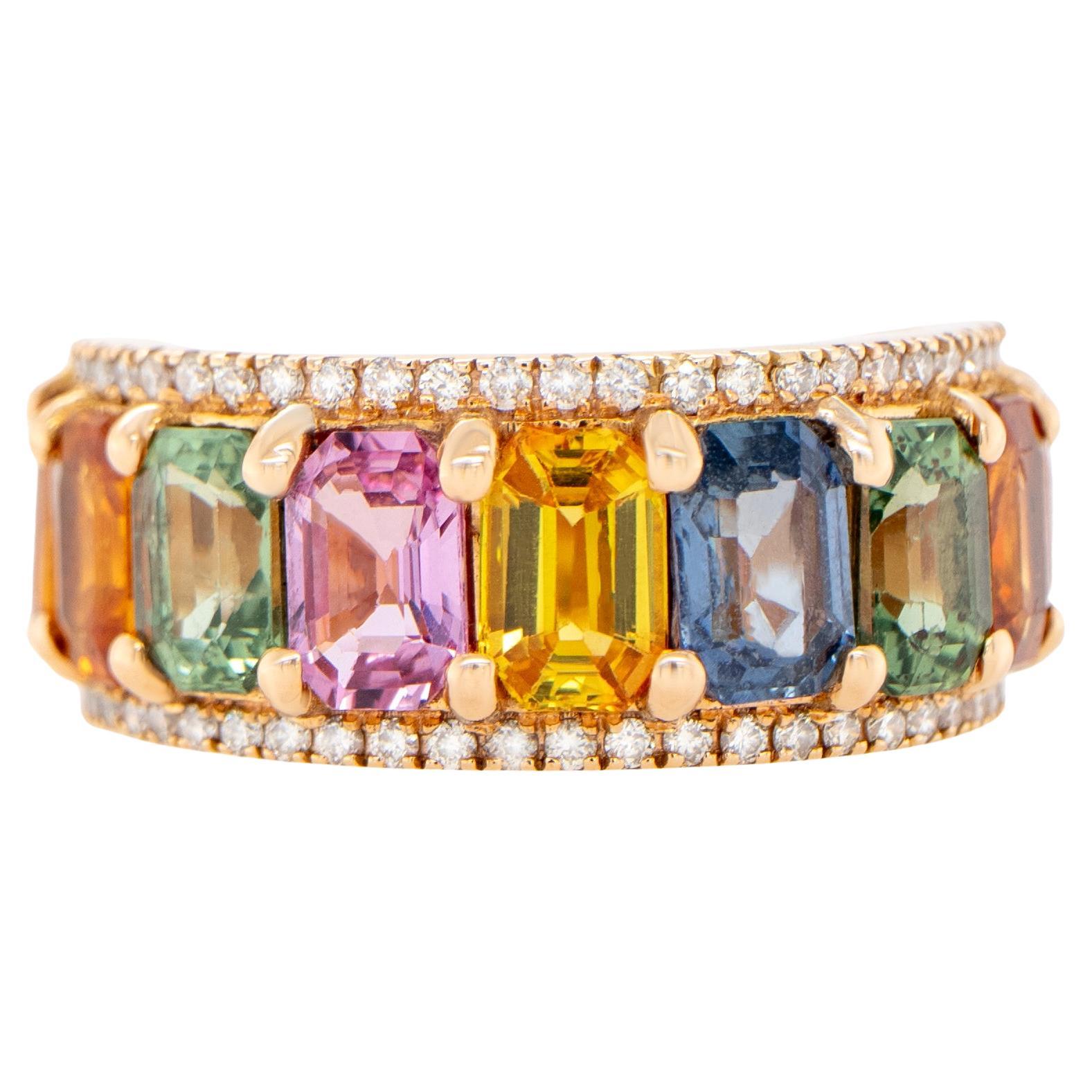 Multicolor Sapphires Band Ring With Diamonds 6.52 Carats 18K Gold For Sale