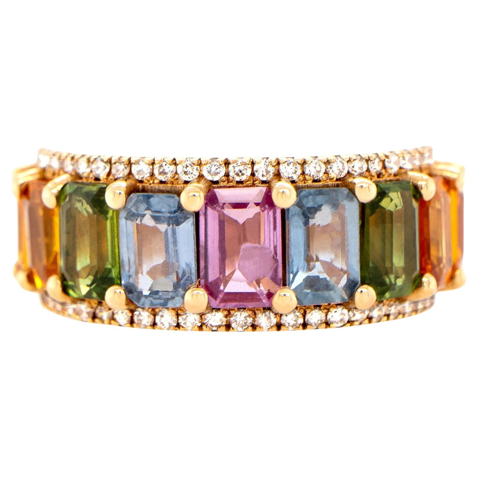 Multicolor Sapphires Band Ring With Diamonds 6.52 Carats 18K Gold For Sale