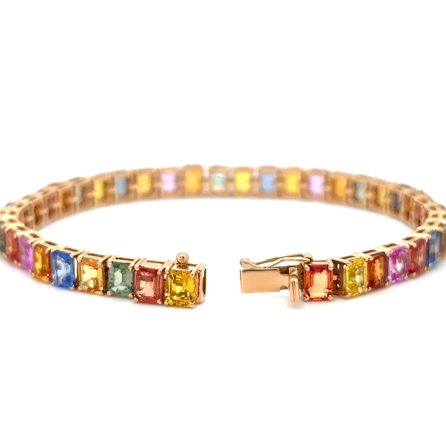 Octagon Cut Multicolor Sapphires Bracelet Rainbow 21.40 Carats 18K Rose Gold For Sale