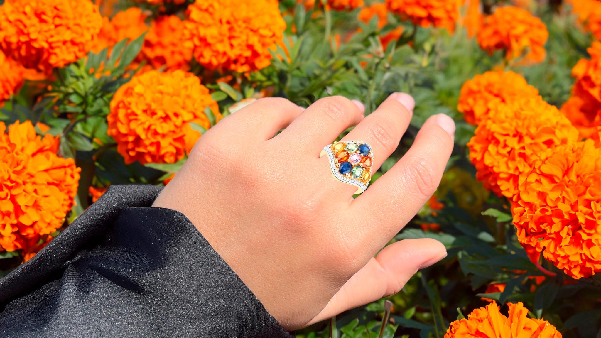 Contemporary Multicolor Sapphires Cluster Ring Diamond Setting 18K Yellow Gold Plated For Sale