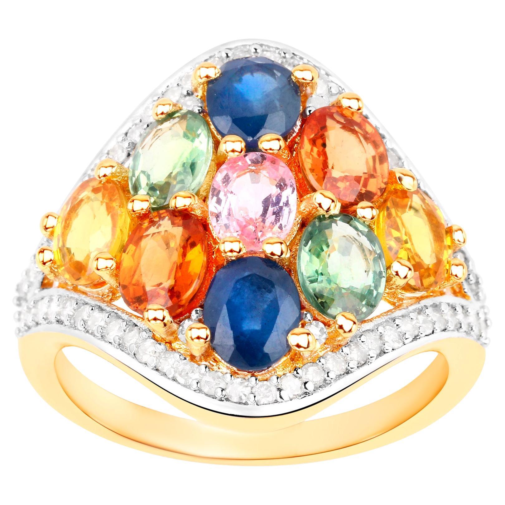 Multicolor Sapphires Cluster Ring Diamond Setting 18K Yellow Gold Plated