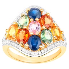 Bague grappe de saphirs multicolores sertie de diamants en plaqué or jaune 18 carats