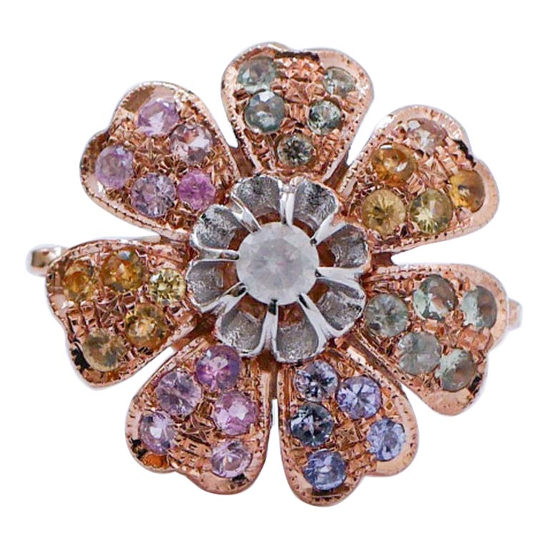 Multicolor Saphiren, Diamant, Rose Gold und Silber Blume Ring.