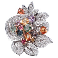 Vintage Multicolor Sapphires, Diamonds, 14 Karat Rose and White Gold Retrò Ring