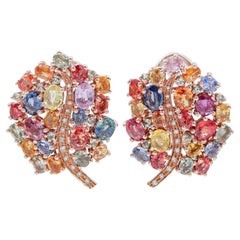 Multicolor Sapphires, Diamonds, 14 Karat Rose Gold Leaves-Shape Earrings.